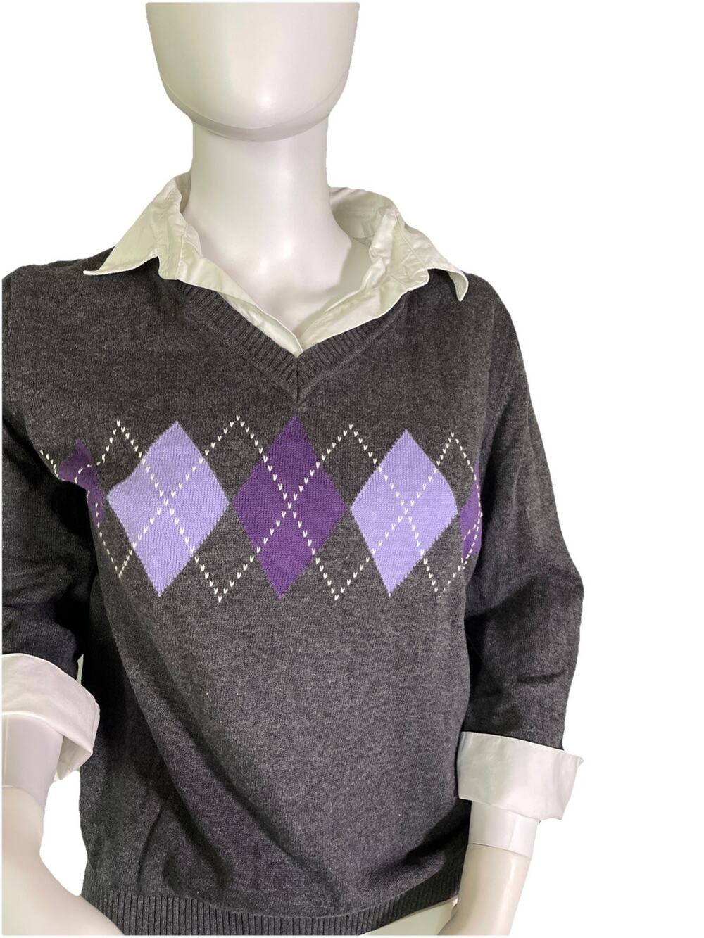 Karen Scott Petite PM Purple Combo Argyle V Neck Sweater
